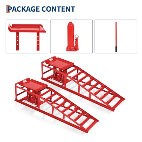 Heavy Duty Hydraulic Car Ramps 2 Pack – 5 Ton (11,000 lbs) Low Profile Steel Lift Ramps – Adjustable Height 9.4-13.3 in – for Oil Changes, Garage Repairs, Trucks & Low Cars – Portable - color: Red