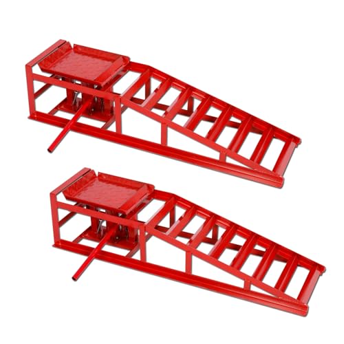 Hydraulic Car Ramps 5T 11000lbs, 2 pcs Heavy Duty Steel Car Ramps Lift Height 9" - 15" for Oil Change, Low Profile Portable Automotive Vehicle Lift Service Ramps Truck Trailer - color: Red