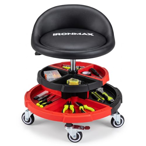 Goplus 360° Rolling Mechanic Stool with 2 Tool Storage Trays | Height Adjustable Garage Seat with Backrest, Swivel Shop Stool with Lockable Wheels, 330 LBS Capacity - color: Red, size: Two Tier Tool Trays