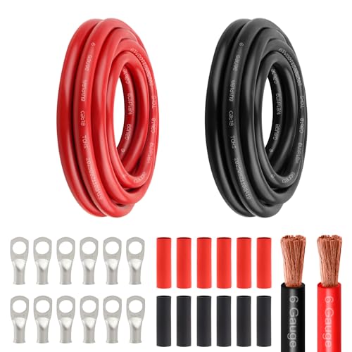 6 Awg Battery Power Cable -5FT Red + 5FT Black 6 Gauge Flexible Welding Cable OFC Copper Wire with Lugs Terminal Connectors and Heat Shrink Tube for Automotive, Battery, Inverter,Boat and Generator - color: Red+black-5ft, size: 6AWG