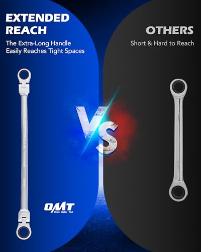OMT 6Pc Metric Extra Long Flex-Head Ratcheting Wrench Set, 8-19mm Range | Durable 40CrV Steel Build; 72-Tooth Gearing; 180° Rotating Flex-Head; 12-Point Design; High-Torque Performance For Mechanics
