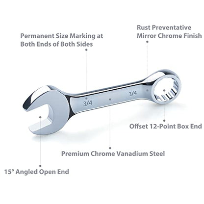Premium Stubby Combination Wrench Set with Roll-up Pouch, 11-Piece, SAE, 3/8” to 1”, No Skipped Inch Size | Cr-V Steel, Mirror Polished Finish | Short Length and Slim Body, Perfect for Confined Areas - size: SAE Set