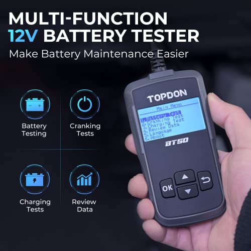Car Battery Tester TOPDON BT50, 12V Battery Load Tester, 100-2000 CCA Automotive Alternator Tester Digital Battery Analyzer Charging Cranking System for Car Truck Motorcycle ATV SUV Boat Yacht | Digital Battery Load Tester for 12V Lead Acid Battery, 12V B