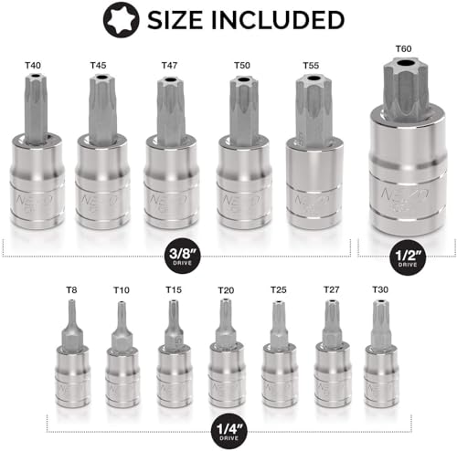 NEIKO 10073A Tamper Proof Torx Bit Socket Set |13-Piece | S2 Steel Bits & Cr-V Steel Sockets | TT8 – TT60 - size: 13 Piece, style: TP Torx