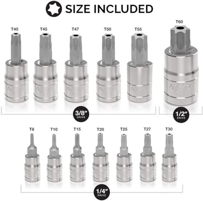 NEIKO 10073A Tamper Proof Torx Bit Socket Set |13-Piece | S2 Steel Bits & Cr-V Steel Sockets | TT8 – TT60 - size: 13 Piece, style: TP Torx
