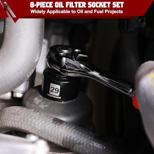 MIXPOWER 8 Pieces 3/8" Drive Low Profile Oil Filter Socket Set, 24mm, 27mm, 28mm, 29mm, 30mm, 32mm, 36mm, 38mm, Oil Filter Cap Remover and Installer Tool Set - size: 8-Piece