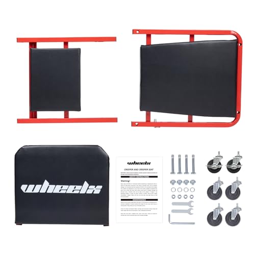 Mechanic Creeper 36 Inches 2-in-1 Z Seat with Brake, 340 lbs Capacity, Foldable Garage Chair Adjustable Rolling Folding with 6 pcs Wheels Roller, Lay Down or Sit Under Car Auto Repair Red Black - color: Red & Black