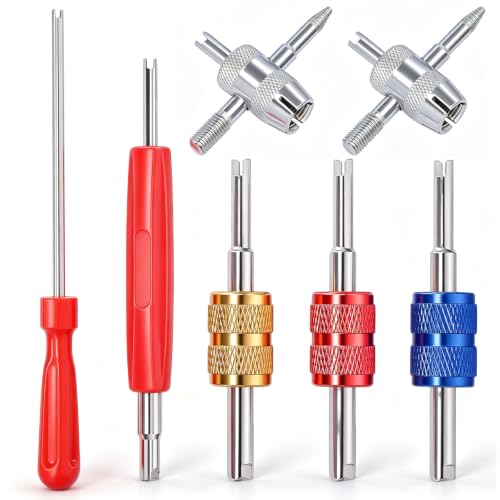 TWTADE Tire Valve Stem Removal Tool Kit, R12 R134a Air Conditioning Valve Core Remover Tool, 4-Way Valve Tool, Single and Dual Heads Valve Core Remover Tire Repair Tool - color: Red - 7pcs