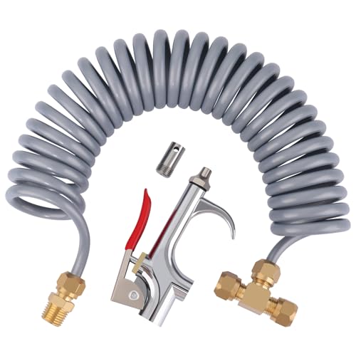 Heavy Duty Truck Air Seat Blow Gun Kit 1/4 Inch 11.5FT PA Nylon Coil Air Hose Brass Compression Fittings Connect Lever Air Duster Blow Gun Cleaning with 2 Nozzle Tips Gray - color: Gray