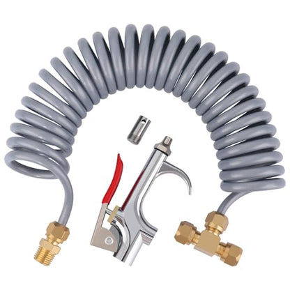 Heavy Duty Truck Air Seat Blow Gun Kit 1/4 Inch 11.5FT PA Nylon Coil Air Hose Brass Compression Fittings Connect Lever Air Duster Blow Gun Cleaning with 2 Nozzle Tips Gray - color: Gray