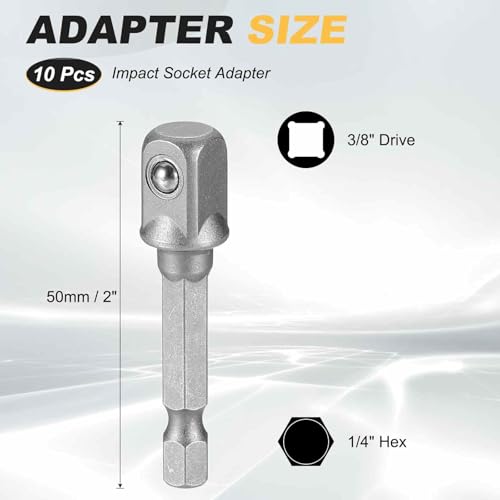 HARFINGTON 10pcs Impact Socket Adapter 3/8" Square Drive 1/4" Hex Shank 2" Long Extension Bit for Axle Nut Driver Drill Socket Sets - size: 3/8" x 2"