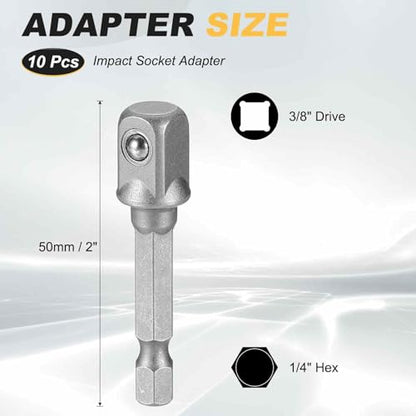 HARFINGTON 10pcs Impact Socket Adapter 3/8" Square Drive 1/4" Hex Shank 2" Long Extension Bit for Axle Nut Driver Drill Socket Sets - size: 3/8" x 2"