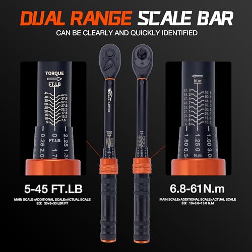 3/8-Inch Drive Torque Wrench, 5-45 Ft-Lb (6.8-61 Nm), 3% Accuracy, 72-Tooth Dual-Direction Mini Torque Wrench with Reversible Head, Quick Release, Dual Scale for Bike - size: 3/8”DR 「5-45 FT-LB」