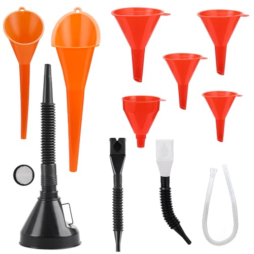 GOOACC 11 Pcs Funnels Set - Oil Funnel Kit with Long Neck Hose, Flexible Right Angle Funnels, Wide Mouth Fuel Funnel with Filters for Water, Gasoline, Coolant, Engine Oil Transfer - size: 11PCS