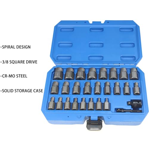 27-Pieces Double Head Screw Extractor Set, Easy Out Bolt Extractor Remover Kit, Hex Head Multi-Spline Stripped Rounded Damaged Broken Screw Removal