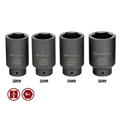 Powerbuilt 4 Piece Axle Nut Socket Set, 30mm 32mm 34mm 36mm Axle Nut Socket, Tools for Removing Front Wheel Axle Nuts, Foreign Vehicles - 648635 - style: 4 Piece