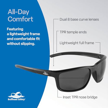 Bullhead Safety Eyewear Pompano Glasses – Anti-Fog, Lightweight, Scratch Resistant, UV Light Blocking Sunglasses for Driving, Golf, Boating, Outdoor Work, Gray Lens - color: Smoke Lens, Matte Black Frame, style: Anti-fog