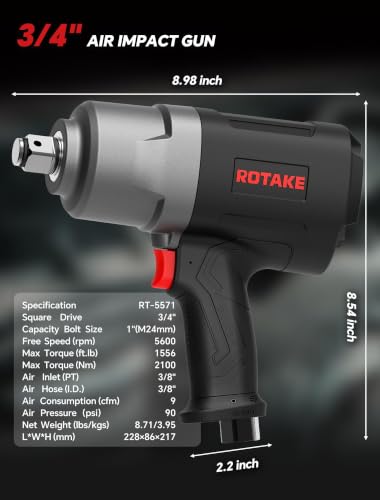ROTAKE 3/4" Air Impact Wrench, 1556 ft-lbs, Twin Hammer, RT-5571 | 5600 RPM Speed, Heavy-Duty Aluminum Hammer Case, 8.71-lb Composite Body, 3-Speed Control, Trucks & Buses - size: 3/4" (1556 ft-lbs)RT-5571