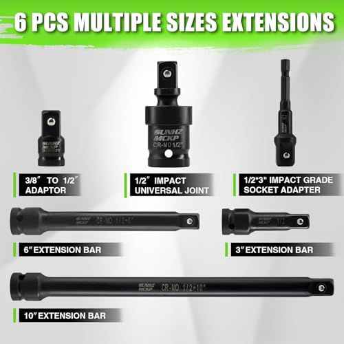 SUNHZMCKP 1/2" Socket Set, 21pcs Drive Deep Impact Socket Set, 6 Point Standard Metric Sockets (10mm - 24mm), Including 3 ", 6", 10" Impact Extension Bar and Drill Socket Adapter, Cr-MO - size: 21-Pc 1/2" Drive Metric Socket Set