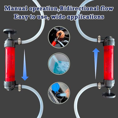 Hand Fuel Pump, Manual Liquid Siphon Pump, Multi-Use Fluid Transfer, Oil, Gasoline, Water, For RV Winterizing, Car Maintenance, Garage, Farm, Mechanic, Includes 2 Hoses, 2 Adapters, 3 Clamps (H-Pump)