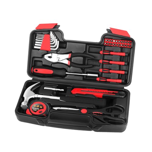 39-Piece Household Tool Set with Toolbox Storage Case - All Purpose Small Hand Tool Kit Includes Essential Tools for Home, Office, College Repairs, Red | Basic Home Tool Set with Storage Case, General Hand Tool Kit for home repairs, Garage Office College