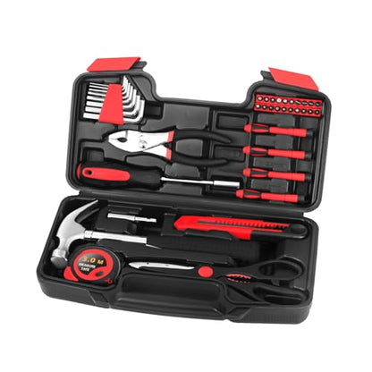 39-Piece Household Tool Set with Toolbox Storage Case - All Purpose Small Hand Tool Kit Includes Essential Tools for Home, Office, College Repairs, Red | Basic Home Tool Set with Storage Case, General Hand Tool Kit for home repairs, Garage Office College