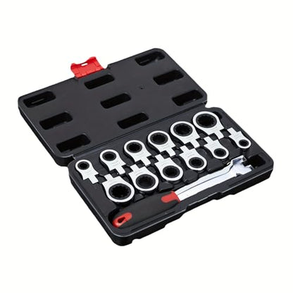 Flex Head Ratcheting Wrench set, 12 in 1 Exchangeable Ratchet Set, 8-19mm Metric & SAE Combination Wrench Set for Auto, Mechanic Flexible Wrench Kit, Auto Repair Tools for Men