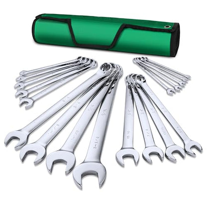 SK Combination Wrench Set, SAE 1/4" to 1-1/4", 18-Piece, Premium CR-V Steel | SuperKrome Finish, Drop Forged, 12-Point Wrenches, 15-Degree Offset, with Rolling Pouch - size: SAE 1/4" to 1-1/4"