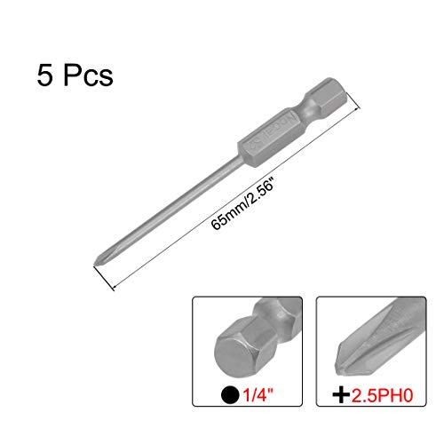 uxcell 5 Pcs 2.5mm PH0 Magnetic Phillips Screwdriver Bits, 1/4 Inch Hex Shank 2.56-inch Length S2 Power Tool - size: 2.5xPH0