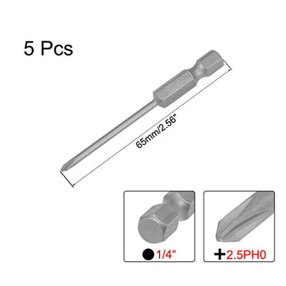 uxcell 5 Pcs 2.5mm PH0 Magnetic Phillips Screwdriver Bits, 1/4 Inch Hex Shank 2.56-inch Length S2 Power Tool - size: 2.5xPH0