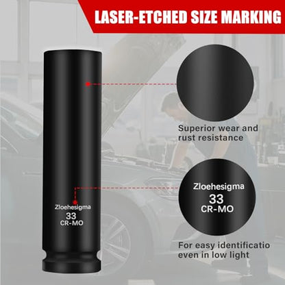 1" Drive 33mm Extra Deep Impact Socket Set,8-Inch Long,6-Point Axle Nut Socket for Easy Removal of Axle Shaft Nuts,Metric, CR-MO Steel