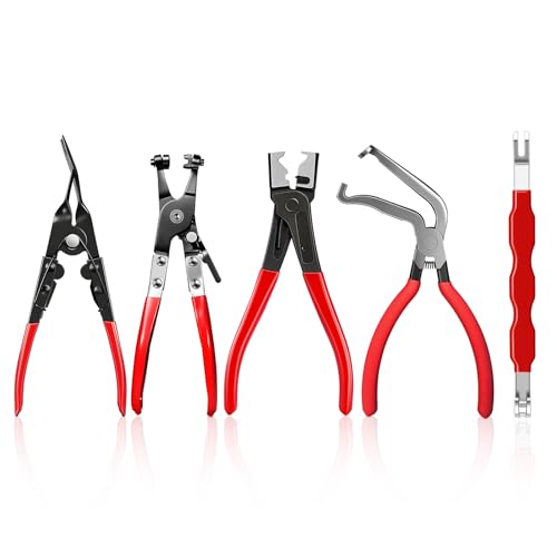 5 PCS Automotive Electrical Connector Disconnect Pliers and Hose Clamp Pliers Set with Panel Clips Trim Removal Tool, Plug Connector Separator, Perfect for Car Repairs & Maintenance, DIY & Mechanical - color: 5 PCS Automotive Repair Set-Red
