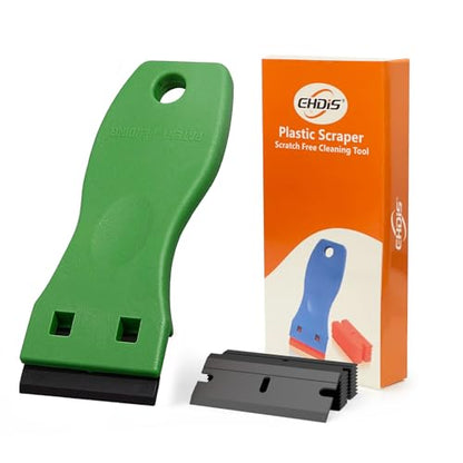EHDIS 1.5" Plastic Razor Scraper with 10pcs Double Edged Plastic Blades for Removing Labels Stickers Decals on Glass Windows (Green) - color: Green