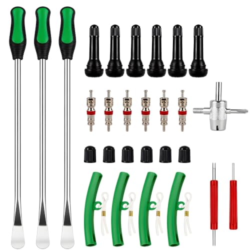 Tire Spoons, 28PCS Tire Changing Kit with 3 Tire Levers, Rim Protectors, Valve Tool, Valve Cores, Valve Caps & Valve Stems, Tire Removal Tool Set for Motorcycle, Dirt Bike, ATV, Lawn Mower, Tractor