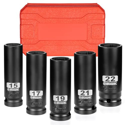 5 PCS Metric Impact Socket Set 1/2" Square Drive,Deep 15mm, 17mm,19mm,21mm,22mm Allen Sockets,CR-MO Alloy Steel,6 Point Radius Corner Design,Rugged Construction,With Storage Red Case - size: 1/2" Metric 5pc