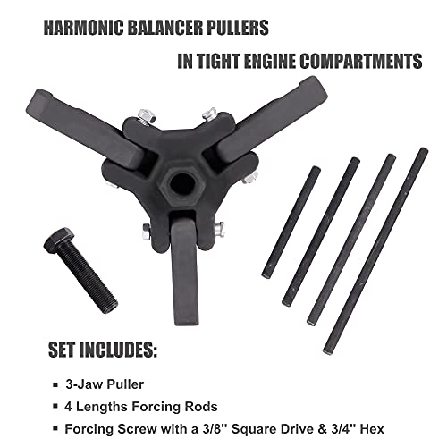 MOSTPLUS Harmonic Balancer Puller Set Adjustable 3-Jaw Puller, 4 Lengths Forcing Rods, Compatible with Chrysler GM Mitsubishi 6-Piece