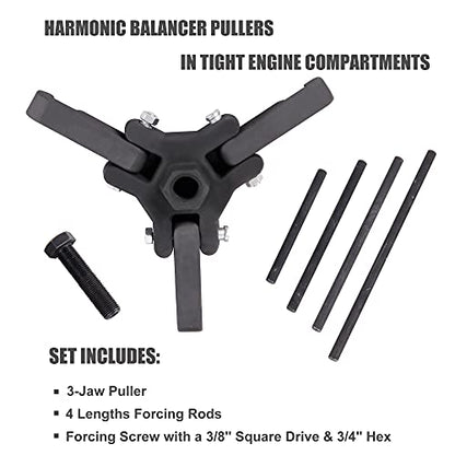 MOSTPLUS Harmonic Balancer Puller Set Adjustable 3-Jaw Puller, 4 Lengths Forcing Rods, Compatible with Chrysler GM Mitsubishi 6-Piece