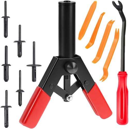 156Pcs Plastic Rivet Gun Kit, Professional Hand Riveter with 150 Nylon Rivets Clip (6 Sizes) & 5 Fastener Removal Tools, Universal Rivet Kit for Automotive/Electronics