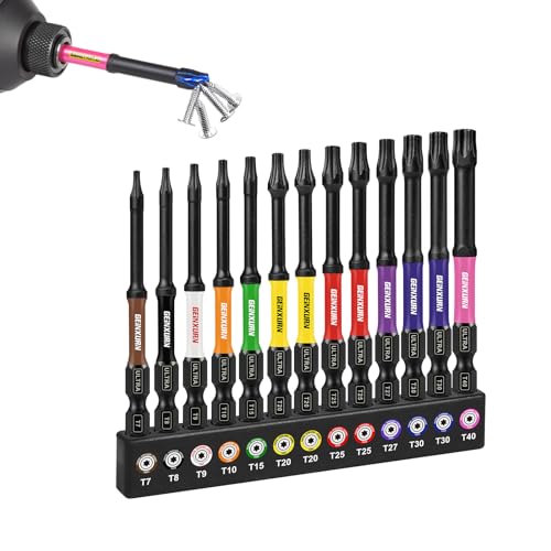 Geinxurn 3”Impact Torx Screwdriver Bits Set,13Pcs Magnetic S2 Steel Long Extension Star Driver Bits Set (T7-T40) with Color Coded Base - size: 13pcs-3“-T, style: Torx