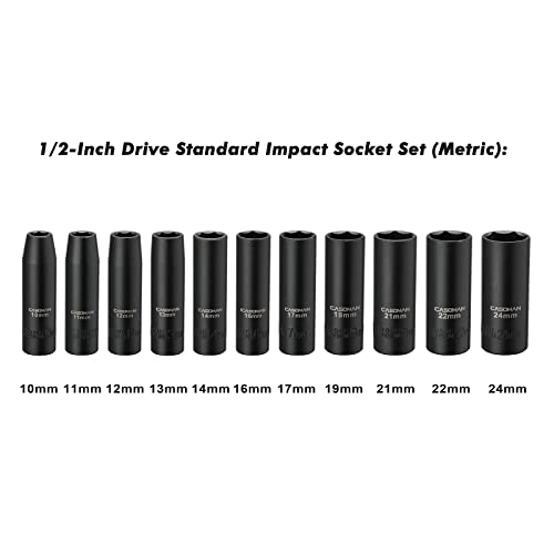 CASOMAN 11 Pieces 1/2-Inch Drive Deep Impact Socket Set, 6-Point, Metric, 10mm to 24mm - size: 11 Pieces, Metric, Deep, 1/2-Inch Drive