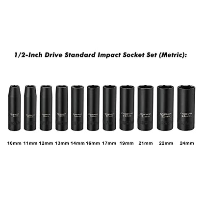 CASOMAN 11 Pieces 1/2-Inch Drive Deep Impact Socket Set, 6-Point, Metric, 10mm to 24mm - size: 11 Pieces, Metric, Deep, 1/2-Inch Drive