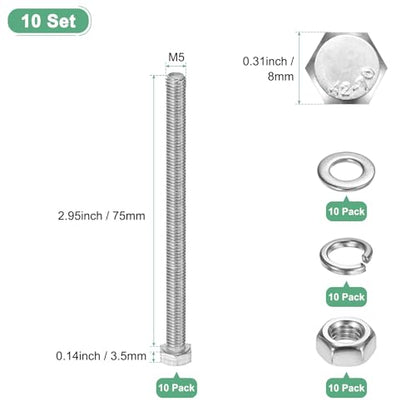 M METERXITY 10-Pack Hex Head Screw Bolt with Nuts Flat & Lock Washers M5x75mm Stainless Steel Bolts and Nuts Kit Fully Threaded Metric Bolt Assortment for Equipment/Machinery - size: M5x75mm