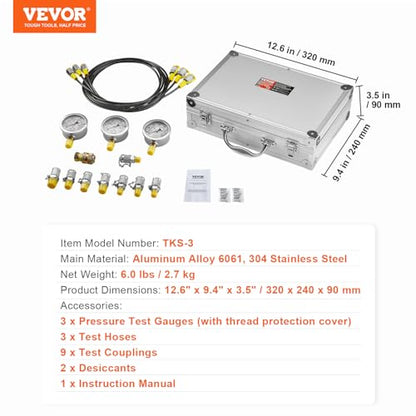 Hydraulic Pressure Test Kit, 250/400/600bar, 3 Gauges 9 Test Couplings 3 Test Hoses, Excavator Hydraulic Test Gauge Set with Portable Carrying Case for Excavator Tractors Construction Machinery | Excavator Hydraulic Test Gauge Set with Portable Carrying C
