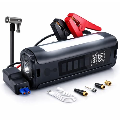 Battery Jumper Starter Portable (9.0L Gas/6.5L Diesel) with 150PSI Auto-Shutoff Air Compressor, 12V Lithium Car Jump Box