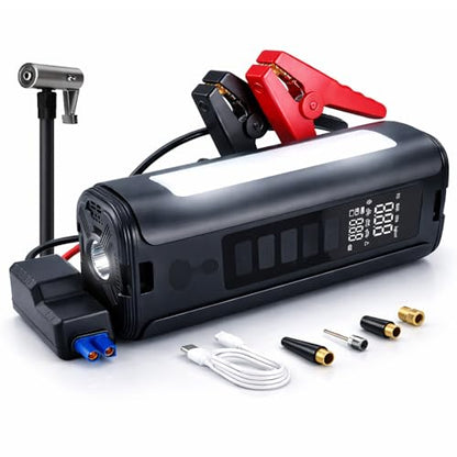 Battery Jumper Starter Portable (9.0L Gas/6.5L Diesel) with 150PSI Auto-Shutoff Air Compressor, 12V Lithium Car Jump Box