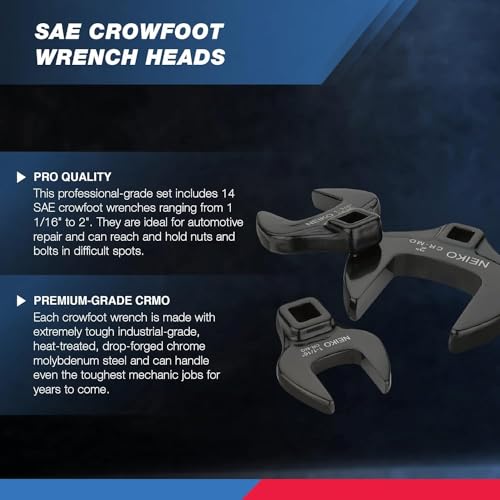 Neiko 03325A 1/2-Inch Drive SAE Crowfoot Wrench Set, Jumbo Size, Cr-Mo, 1-1/16 Inch - 2 Inch | 14-Piece set - size: 1/2" Drive, style: SAE