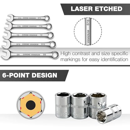 EACELIY 122Pcs 1/4" & 3/8” Drive Impact Socket Set, Ratchet Socket Wrench Set with Extention Bar, Adapter, Screw Bits,Drive Bit Holder, Spark Plug Socket,CR-V - size: 122PCS 1/4&3/8inch
