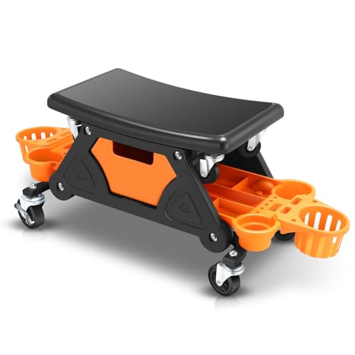 Auto Dynasty Rolling Mechanic Stool, 300 LBS Capacity Rolling Creeper Garage Shop Seat with Removable Storage Tool Trays, Mechanic Chair with Lockable Swivel Wheels for Workshop Auto Repair, Orange - color: Orange