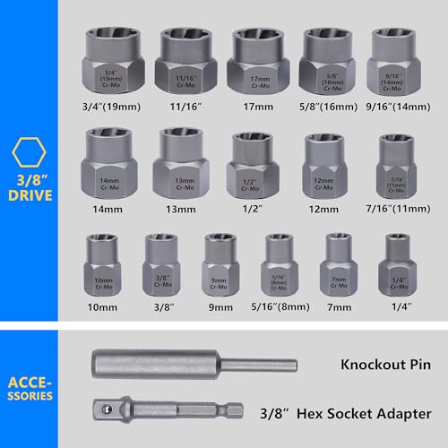 Impact Bolt & Nut Remover Set, 18 Pieces Bolt Extractor Tool Set, Stripped Lug Nut Remover, Extraction Socket Set for Removing Damaged, Frozen, Rusted, Rounded-Off Bolts, Nuts & Screws