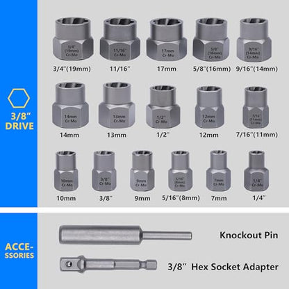 Impact Bolt & Nut Remover Set, 18 Pieces Bolt Extractor Tool Set, Stripped Lug Nut Remover, Extraction Socket Set for Removing Damaged, Frozen, Rusted, Rounded-Off Bolts, Nuts & Screws